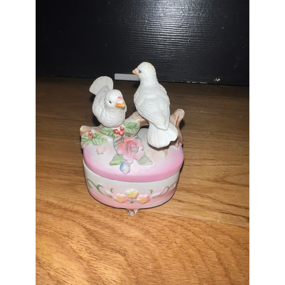 Vintage Porcelain Dove TrinketBox Pink Floral Footed Jewelry Dish Crossed Arrows